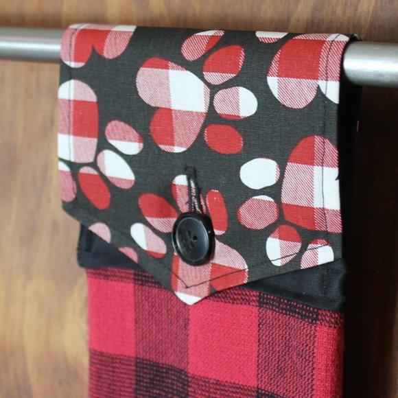 DOG PAWS BUFFALO RED & BLACK HANDMADE HANGING KITCHEN HAND BUFFALO CHECK TOWEL - Picture 3 of 4